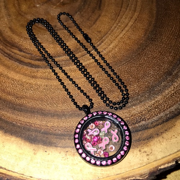 Floating Charm Breast Cancer Awareness Necklace - Picture 2 of 2